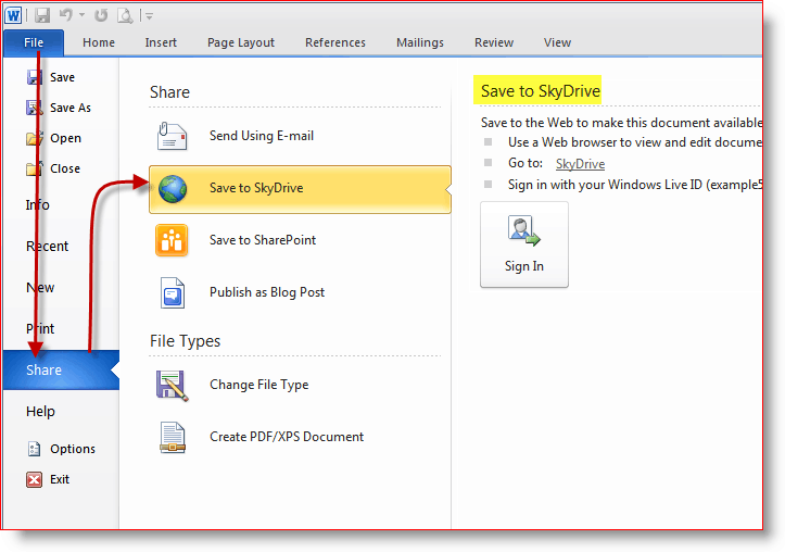 Tallenna asiakirjat SkyDrive-verkkotallennustilaan