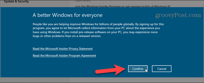 Vahvista Windows Insider -ohjelmaan rekisteröityminen