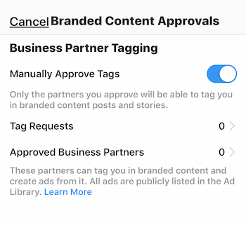 Instagram-merkkituotteiden hyväksyntäasetukset yritysprofiilille