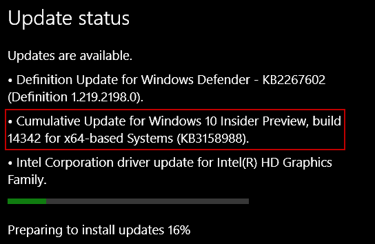 Windows 10 -päivitys KB3158988 for Preview Build 14342 for PC