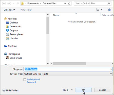 Outlook 2016 - Valitse PST-tiedoston nimi ja sijainti