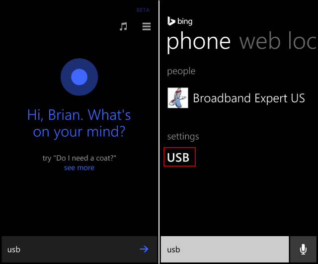 Cortana USB-haku