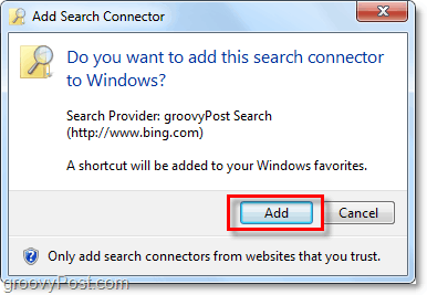 napsauta Lisää, kun näet Windows 7 -hakulaitteen liitäntäikkunan