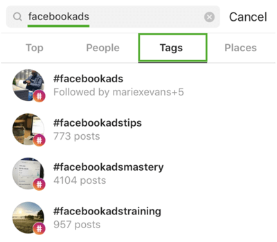 Kuinka kasvattaa Instagramiasi strategisesti seuraamalla vaihetta 9, etsimällä asiaankuuluvia hashtageja, hakemalla esimerkkinä ‘facebookads’