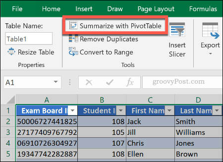 Pivot-taulukon luominen olemassa olevasta taulukosta Excelissä