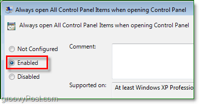 Ota käyttöön, jos haluat avata kaikki ohjauspaneelin kohteet aina Windows 7: ssä