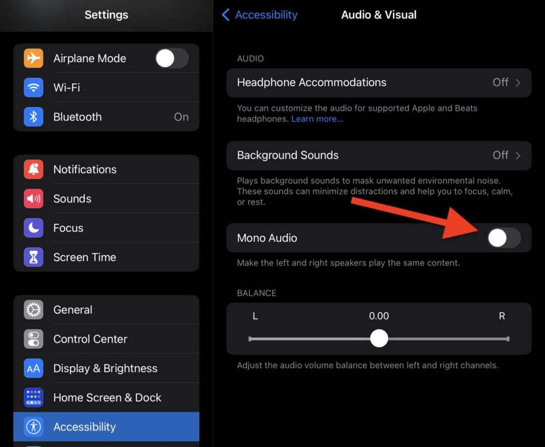 Ota Mono Audio -vaihtoehto käyttöön ja poista se sitten iPadin ääni- ja kuva-asetuksista