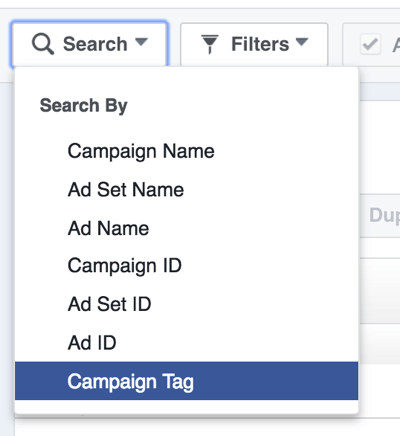 Etsi Facebook-mainoskampanjoita tunnisteen mukaan.