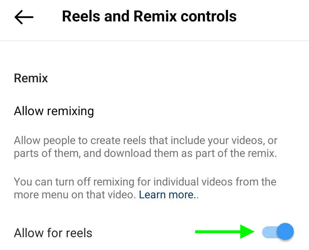 kuva Reels and Remix Controlsista Instagramin yritysprofiilin asetuksissa