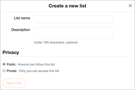 Tämä on kuvakaappaus Twitterin Luo uusi luettelo -valintaikkunasta. Yläosassa on kaksi tekstiruutua luettelon nimen ja kuvauksen täyttämistä varten. Tietosuoja-alueella on kaksi valintanappia: Julkinen ja Yksityinen. Tallenna luettelo -painike näkyy tietosuojavaihtoehtojen alla.