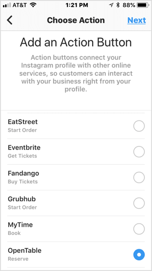 Valitse toimintopainike lisätäksesi sen Instagram-yritysprofiiliin.