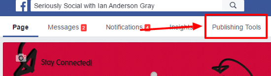 Avaa Facebook-sivusi ja valitse Publishing Tools.