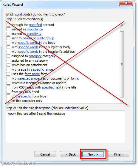 älä valitse mitään ehtoja Outlook 2010: n lähettämille sähköposteille