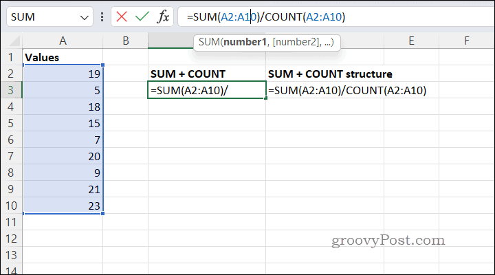 Keskiarvojen laskeminen käyttämällä SUMCOUNT Excelissä