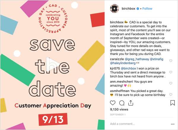 Birchboxin Instagram-tili houkutteli seuraajia tarjouksiin, lahjoihin ja yllätyksiin asiakkaan arvostuspäivän merkitsemiseksi.