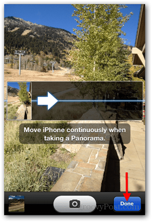 Ota iPhone iOS -panoraamavalokuva - napauta Valmis