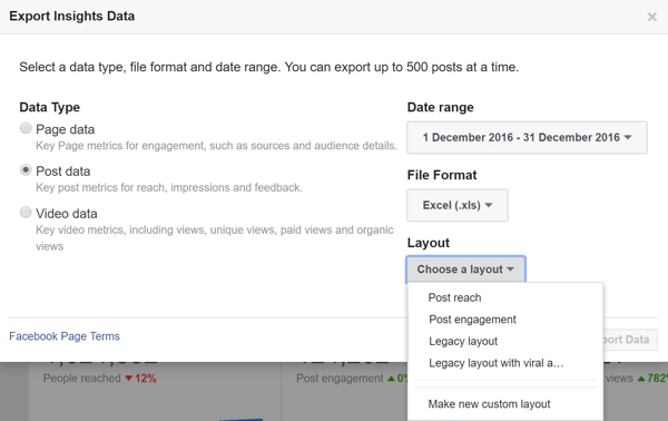 Valitse ulkoasu viedessäsi Facebook Post Data Insights -sovellusta.