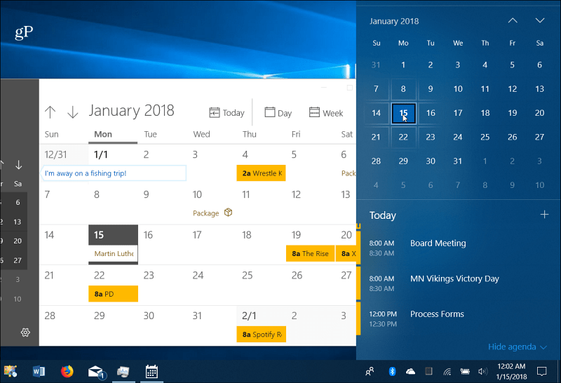 Kalenteritapahtumat Windows 10 tehtäväpalkki