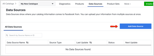 Lisää tietolähde -painike Tietolähteet-välilehdellä Facebook Catalog Managerissa