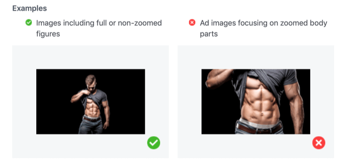 hyväksyttävät ja kelpaamattomat kuvat, joissa näkyy zoomatut ruumiinosat Facebook-mainoksissa