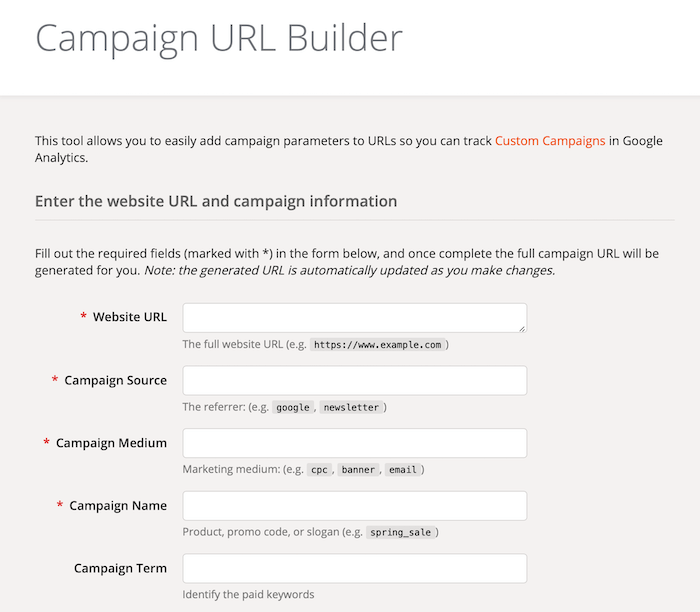 Google Analytics -kampanjan URL-rakennustyökalun lomakekentät
