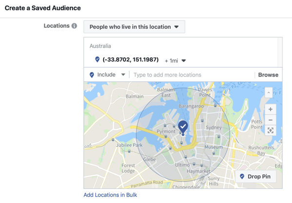 Suoran tapahtuman mainostaminen Facebookissa, vaihe 5, mahdollisuus luoda tallennettu yleisö tapahtuman sijainnin perusteella