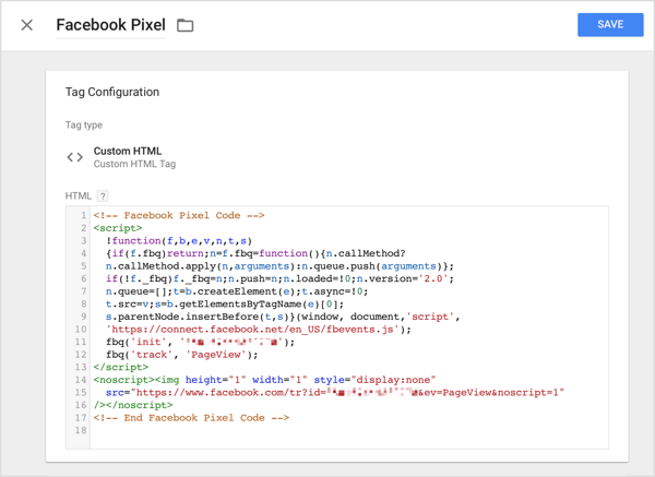 Napsauta Google Tag Managerissa Mukautettu HTML-vaihtoehto ja liitä Facebookista kopioimasi seurantakoodi HTML-ruutuun.