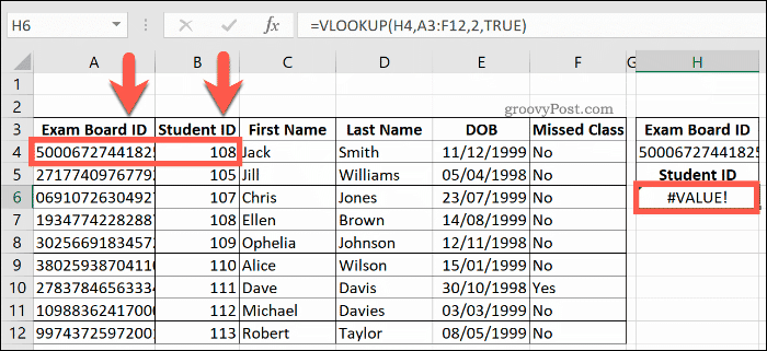 VLOOKUP-kaava palauttaa VALUE-virheen Excelissä