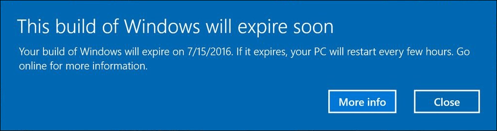 Windows 10 Insider Preview -sovellus rakentaa hälyttäviä käyttäjiä vanhenemisilmoituksilla