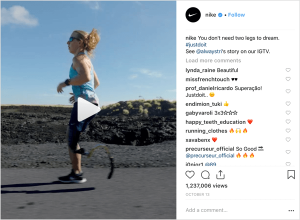 Nike Instagram -viesti, joka mainostaa IGTV: tä