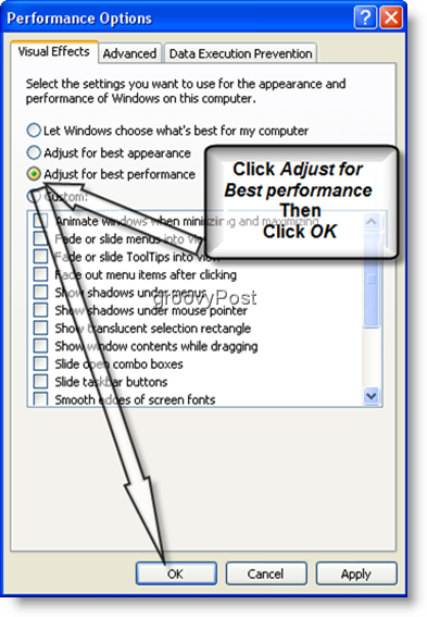 Windows XP Adjust parhaan suorituskyvyn saavuttamiseksi