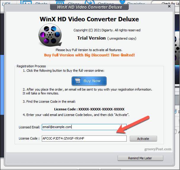 WinX Video Converter -lisenssin lisääminen