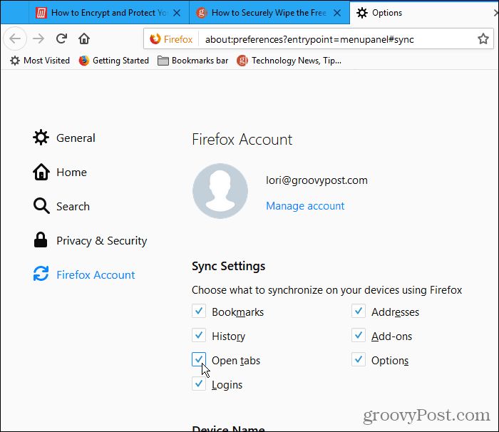 Valitse Avaa-välilehdet Synkronointiasetukset-kohdasta Firefox for Windows -käyttöjärjestelmässä
