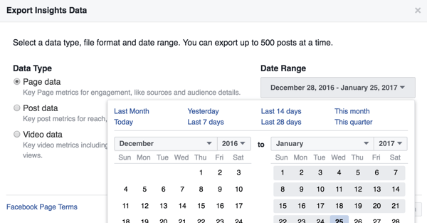 Voit muuttaa lataamiesi Facebook Insights -tietojen ajanjaksoa.