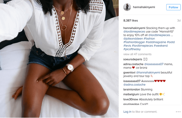 Malli Hannah Akinyemissä on Lord Timepiecesin kello sekä alennuskoodi Instagramissa.