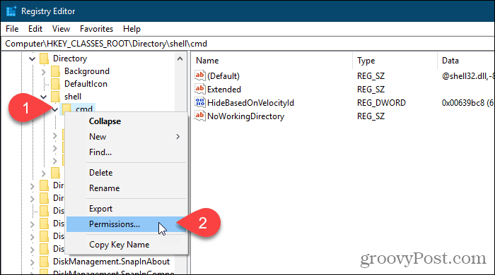 Napsauta hiiren kakkospainikkeella rekisteriavainta ja valitse Käyttöoikeudet Windowsin rekisterieditorissa