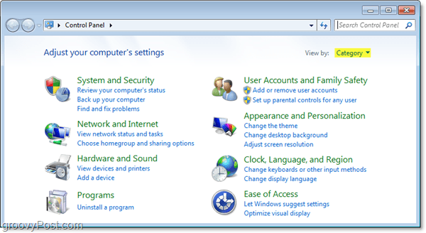 Windows 7 -ohjauspaneeli luokanäkymässä
