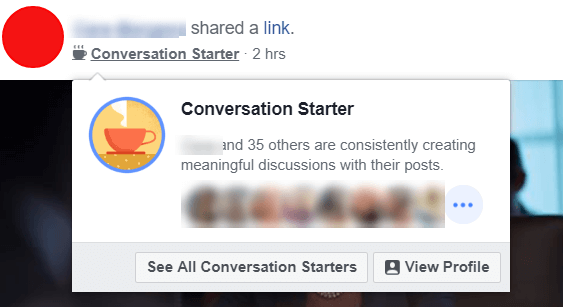 Facebook näyttää kokeilevan uusia Keskustelun aloitusmerkkejä, jotka korostavat käyttäjiä ja järjestelmänvalvojia, jotka luovat jatkuvasti mielekkäitä keskusteluja viesteillään.