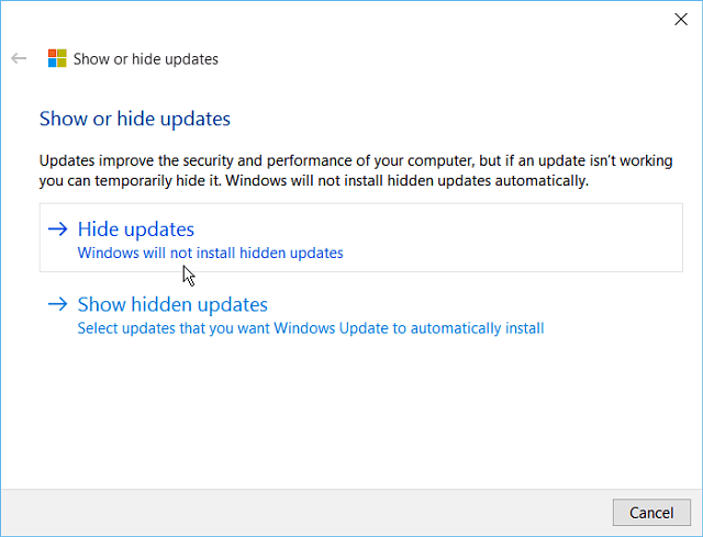 Piilota Windows 10 -päivitystyökalu