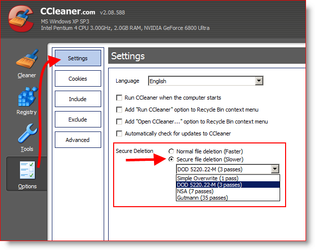 Määritä CCleaner pyyhkimään ja poistamaan tiedostoja turvallisesti 3 kertaa tai DOD 5220.22-M