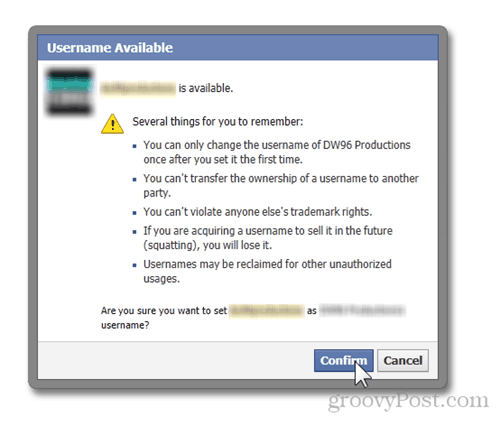 facebook-sivun käyttäjänimi käytettävissä muistettavissa olevat varoitukset url vahvistaa