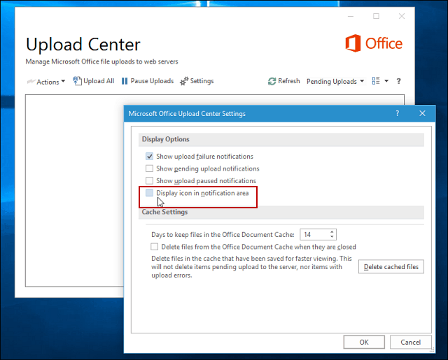Microsoft Office Upload Center -näyttöasetukset