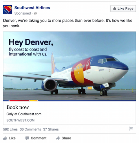 Southwest Airlinesin facebook-mainos