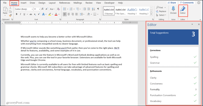 Microsoft Editorin painike ja sivupalkki Word-työpöydällä