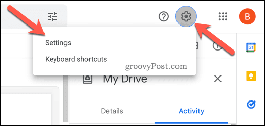 Avaa asetukset Google Drivessa