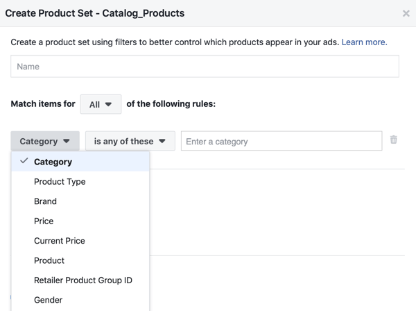 Käytä Facebook-tapahtuman asetustyökalua, vaihe 28, Facebook-valikkovaihtoehtoa, kun haluat suodattaa tuotteita, jotka näytetään asiakkaille