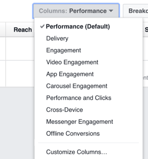 Napsauta avattavaa Sarakkeet-luetteloa, jos haluat vaihtaa sarakkeita, jotka näet Facebook Ads Managerissa.