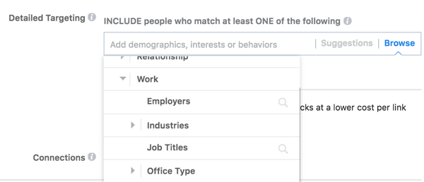 Facebook tarjoaa yksityiskohtaisia ​​kohdistusvaihtoehtoja yleisösi työn perusteella.