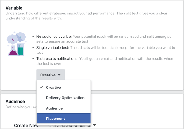 Valitse sijoittelu muuttujaksi testattavaksi Facebook-jakotestillä