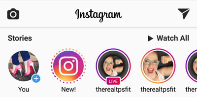 Instagram-tarinat ja suorat videotoistot on jaettu kahteen ilmoitukseen Tarinat-bannerissa.